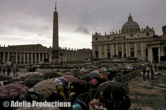 <b>St Peter&rsquo;s Square, Vatican, Rome</b><br/>&ldquo;I stood in a massive line of umbrellas waiting to get into the Basilica. Nuns and priests queued shoulder to wet shoulder with the devout and the tourist.&rdquo;